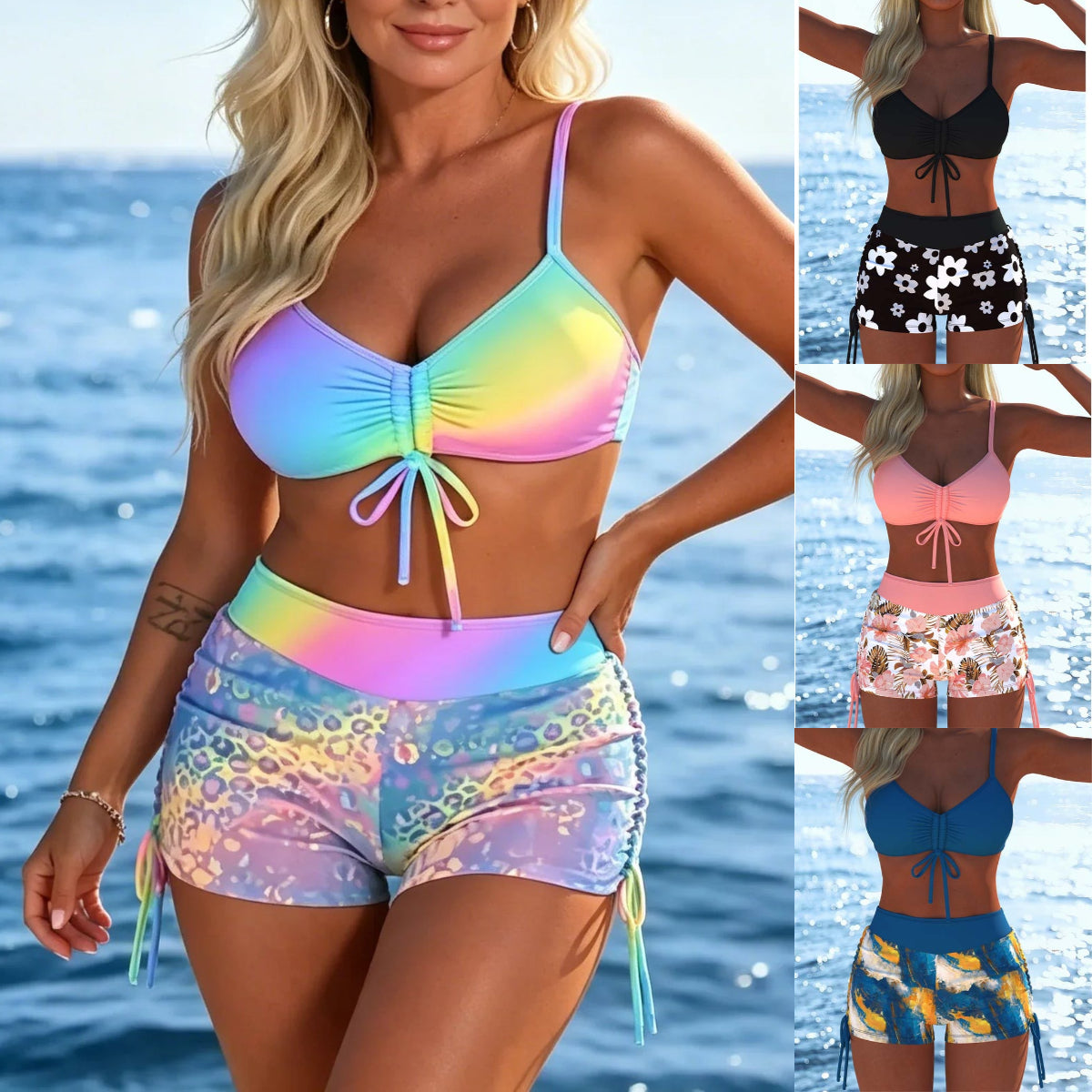 🌈Dámsky bikinový set s čipkou a vzorom (s kraťasmi)⛱️