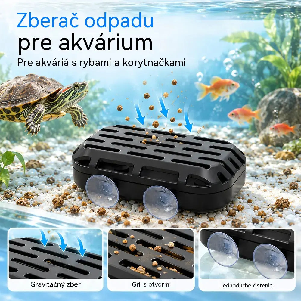 🐢 Zberač odpadu z akvária a korytnačky · Gravitačný zber · Dve prísavky · Jednoduché čistenie!