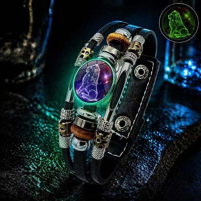 🌙 Luminiscenčný kožený náramok so zverokruhom – 3-vrstvový pletený, nastaviteľná dĺžka, unisex 💫✨