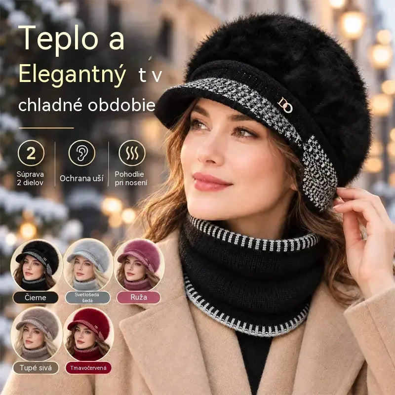 ❄️Štýlový dvojdielny zimný outfit: baseballová čiapka zo zmesi králičej kožušiny s klapkami na uši + pletený šál!