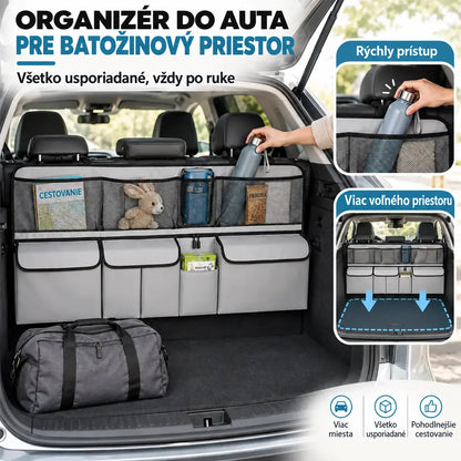 Závesný organizér do kufra auta – rozmery 105 x 51 cm, uvoľní podlahu kufra, kompatibilný s SUV a rodinnými autami, farby čierna a sivá.