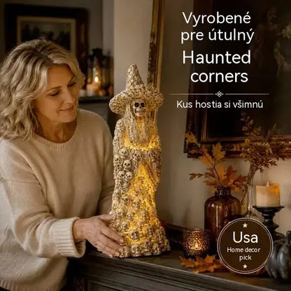 💥Ušetrite 47 %💀 LED ozdoba s lebkou a čarodejnicou, Halloweenska dekorácia na stôl so sochou lebky