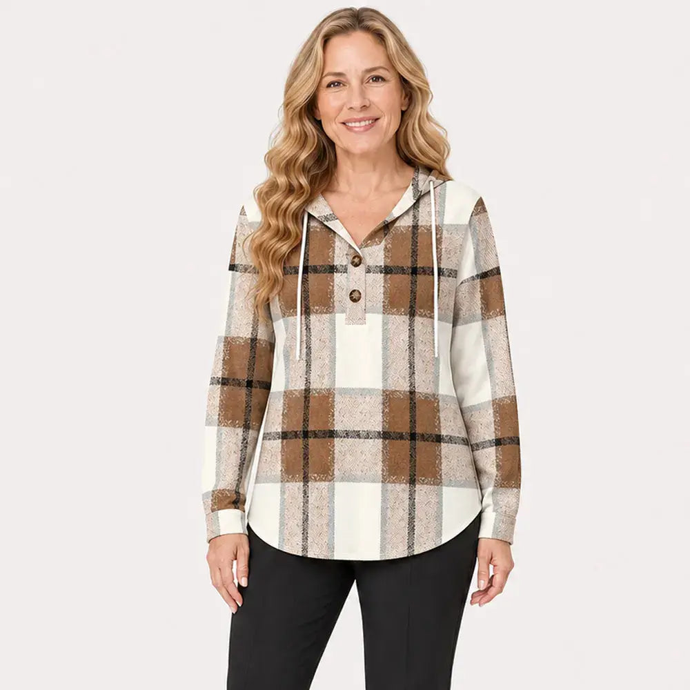 💖【S-3XL】Mikina s dlhým rukávom, kockovaným vzorom a výstrihom do V, zapínaním na gombíky a kapucňou
