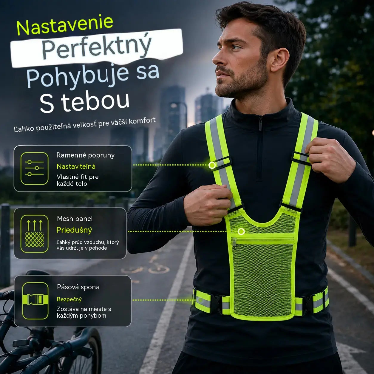 【🔥2 kusy】Reflexná vesta s vysokou viditeľnosťou, nastaviteľná, s vreckami, bezpečná bežecká výbava.