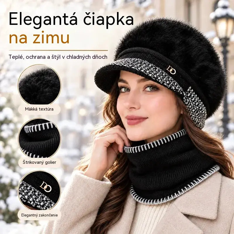 ❄️Štýlový dvojdielny zimný outfit: baseballová čiapka zo zmesi králičej kožušiny s klapkami na uši + pletený šál!