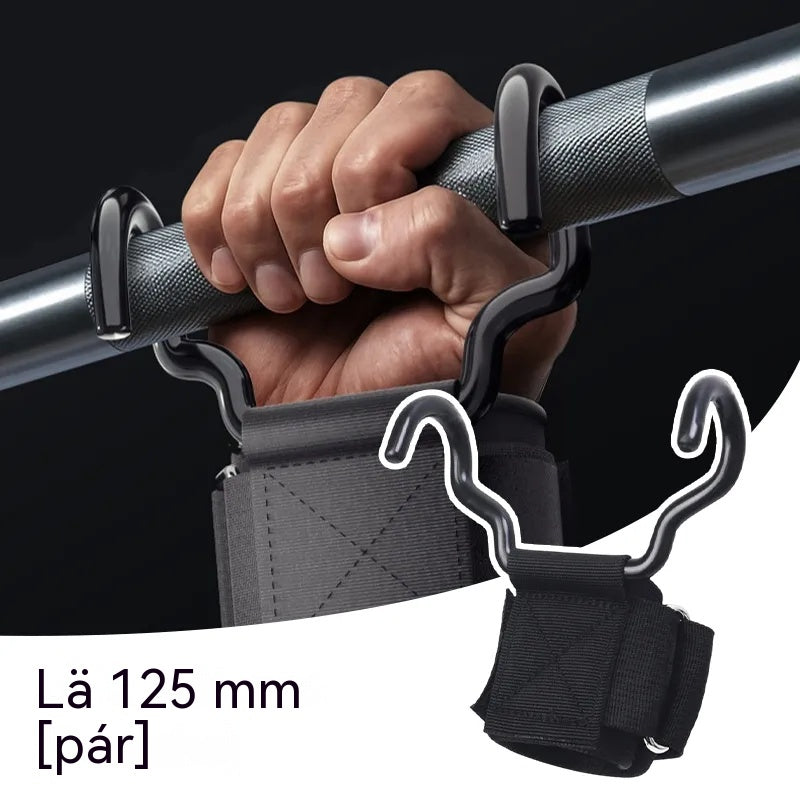 Sada 2 fitness hákov, vhodná na kulturistiku a vzpieranie, so šírkou podpory 125 mm, protišmykovým popruhom na zápästie a nosnosťou 250 kg. Možno ju použiť na zhyby a mŕtve ťahy.