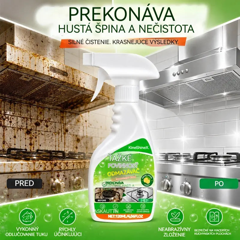 ✨ Silný odmasťovač na kuchyňu — účinne odstráni pripálený tuk, usadený karbón a odolnú špinu z varnej dosky, digestora a kuchynského riadu.