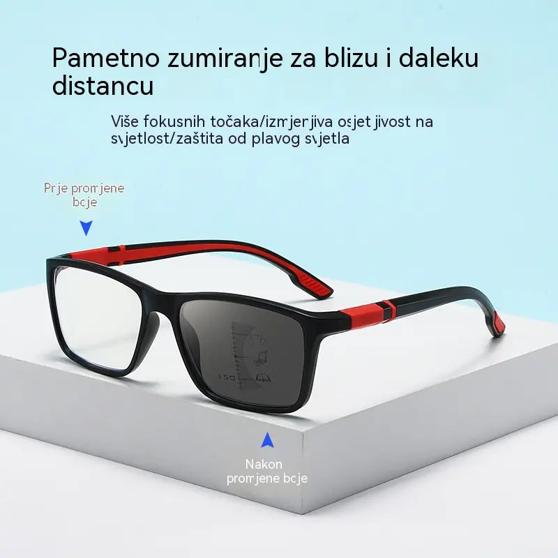 Nove, moderne, sportskog stila multifokalne naočale za čitanje: neklizajuće, fotoosjetljive naočale dizajnirane za starije osobe, pogodne i za blisku i za daleku vidljivost.