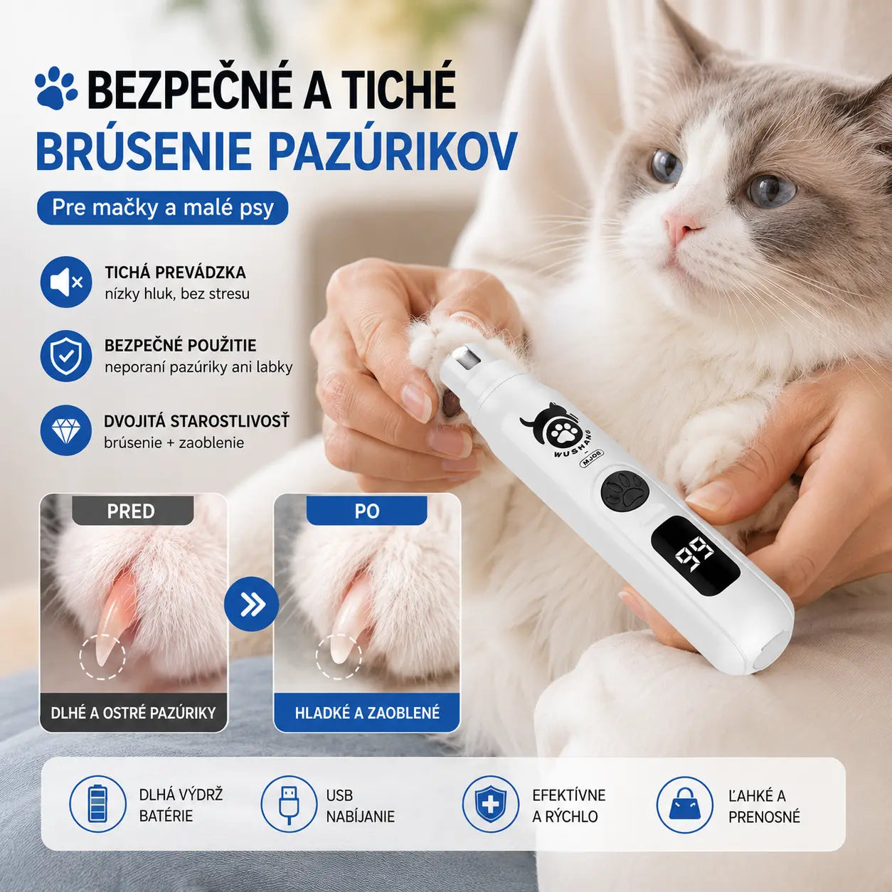 🐱🐶 Elektrický pilník na nechty pre domáce zvieratá s LED indikátorom napájania