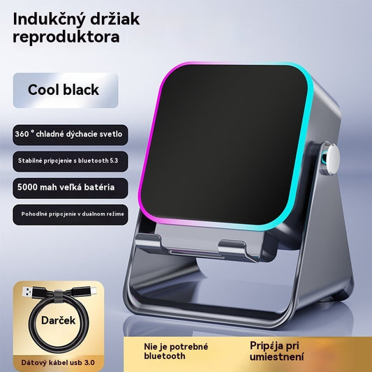 🔥📢【50 % ZĽAVA!】⚡ Bluetooth reproduktor 5 v 1 s bezdrôtovým nabíjaním a nastaviteľným držiakom na telefón 🎶