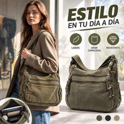👜✨Veľkokapacitná taška cez rameno z ošúchaného plátna: dizajn s viacerými priehradkami na zips a širokým nastaviteľným ramenným popruhom.