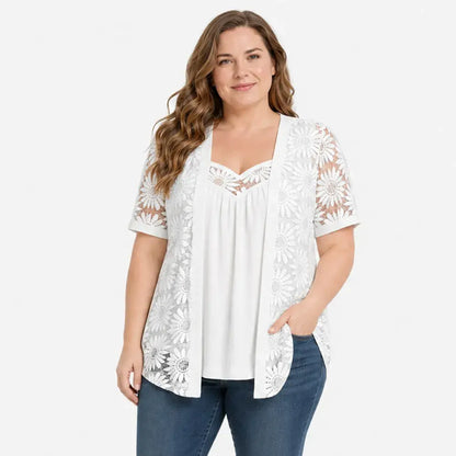 👚 Elegantné blúzky s efektom 2 v 1 s čipkou a sieťovinou – zoštíhľujúci strih proti brušku, 5 farieb, veľkosti S-4XL! 🌸✨