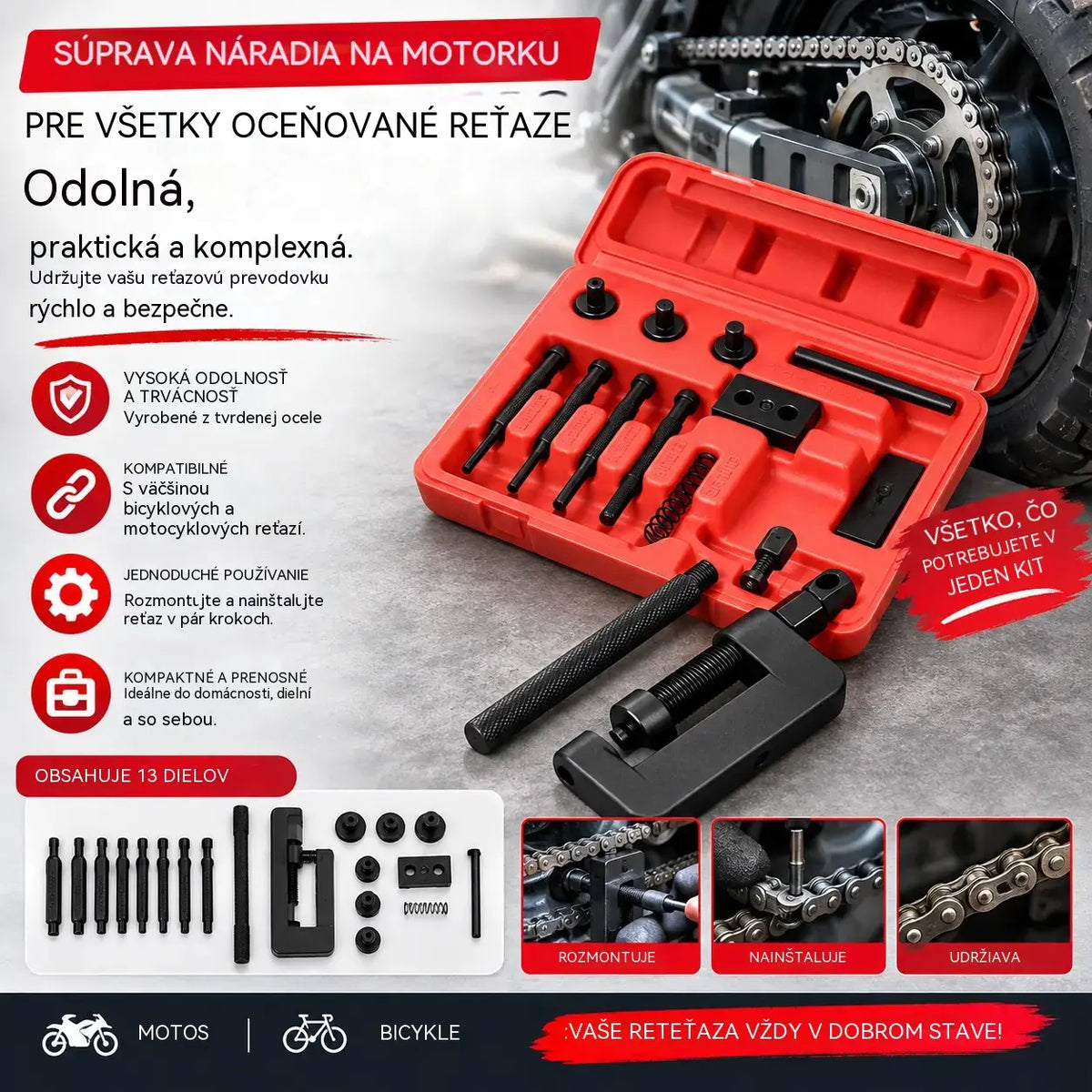 🧰Špecializovaná sada náradia na rozobratie reťazí. Slúži na demontáž reťazí z motorových píl, motocyklov a bicyklov.