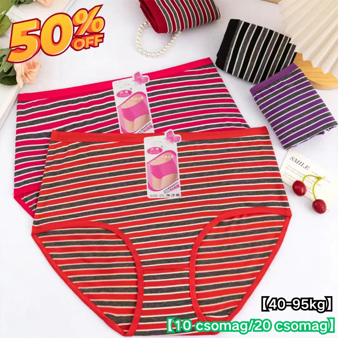 💖【10 ks】🆕🩲 Dámske bavlnené spodné prádlo s vysokým pásom a pruhmi - pohodlná veľká veľkosť (40-95 kg)
