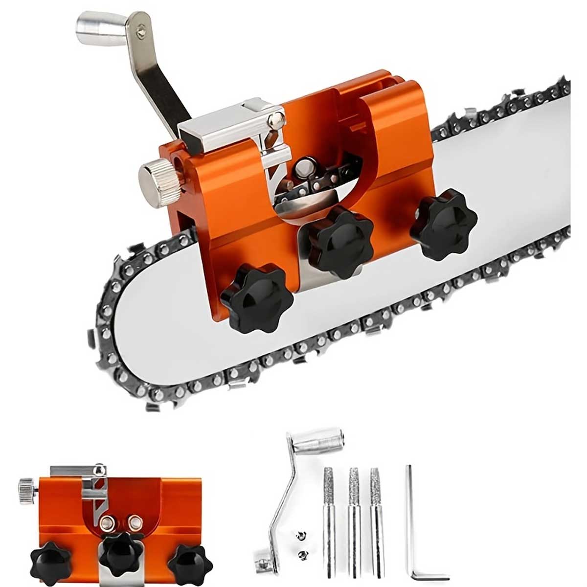 🔥🧰1 brúsik na reťazové píly, 3 diamantové ostriace hlavy 4-5-6 mm, 1 rukoväť