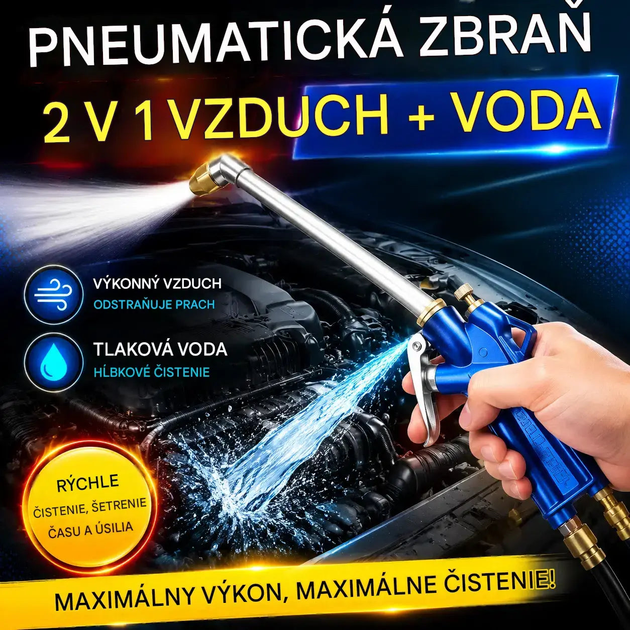 🚗💦 Pneumatická čistiaca pištoľ 2 v 1 – Silný prúd vzduchu a vysokotlaková voda pre hĺbkové čistenie 🔥