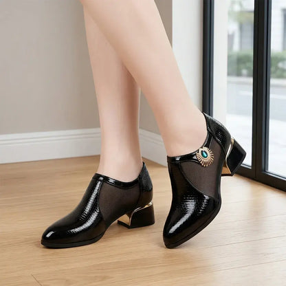 【35-40】👠✨Štýlové a elegantné dámske topánky z patchworkovej sieťoviny z kože s nízkym podpätkom 💃🌟