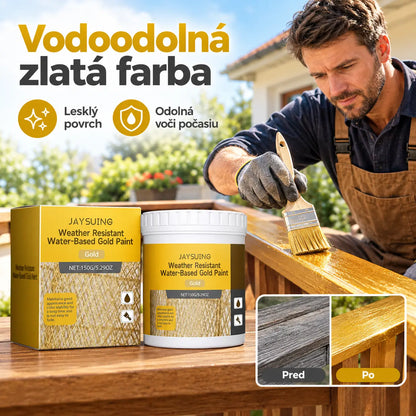 🔥🎨🏡Sada farieb s efektom zlatých lístkov – Vodou riediteľná metalická zlatá farba odolná voči poveternostným vplyvom, vrátane štetca, vhodná na nábytok, dekorácie a vonkajšie DIY.