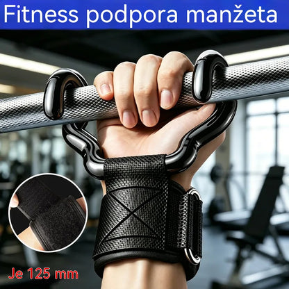 Sada 2 fitness hákov, vhodná na kulturistiku a vzpieranie, so šírkou podpory 125 mm, protišmykovým popruhom na zápästie a nosnosťou 250 kg. Možno ju použiť na zhyby a mŕtve ťahy.