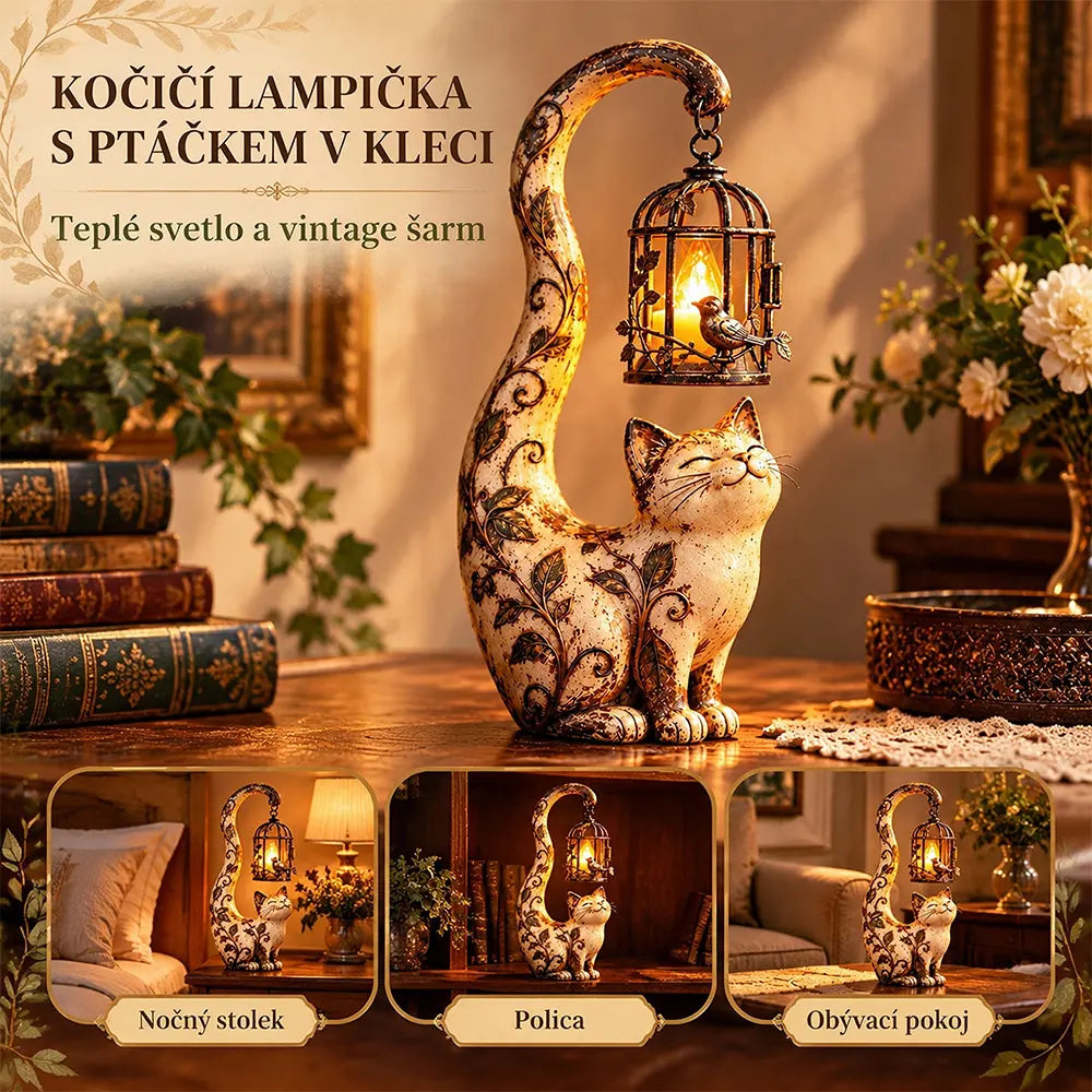 🐱💡Nočné svetlo v štýle vintage – mačka s vtáčou klietkou – kreatívna záhradná dekorácia