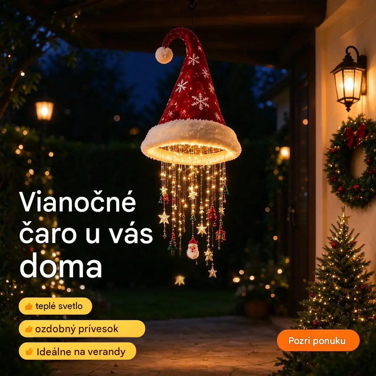 🎅 Vianočná čiapka so snehovou vločkou a krištáľovým LED svetlom. Magická žiara na verandu ✨