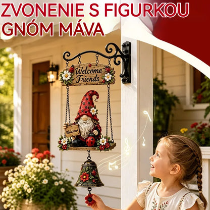 Uvítací zvonček s motívom záhradného trpaslíka, nápisom „Welcome“, vintage bronzovým zvončekom, kovaným železným nástenným dizajnom a záhradnou dekoráciou.