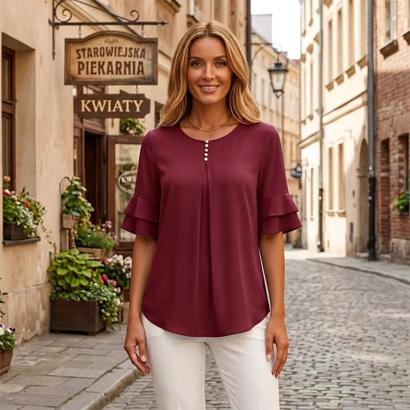 👕【S-3XL】Elegantná šifónová blúzka s volánikovými rukávmi, dámska | Ležérna kancelárska blúzka, zdobená ozdobnými gombíkmi, voľný a priedušný strih