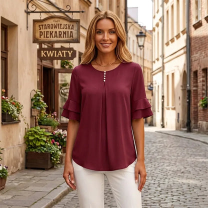 👕【S-3XL】Elegantná šifónová blúzka s volánikovými rukávmi, dámska | Ležérna kancelárska blúzka, zdobená ozdobnými gombíkmi, voľný a priedušný strih