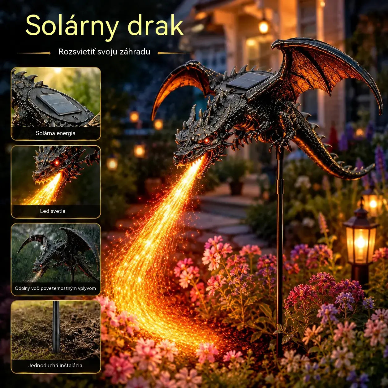 Nový produkt: Dekoratívna záhradná lampa v tvare ohnivého draka napájaná solárnou energiou.