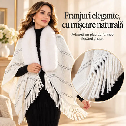 ❤️Pletené pončo s koženým golierom a strapcami 🧣 Elegantný teplý šál pre ženy na jeseň a zimu ❄️ Voľný, univerzálny sveter, ktorý zdokonaľuje postavu ✨