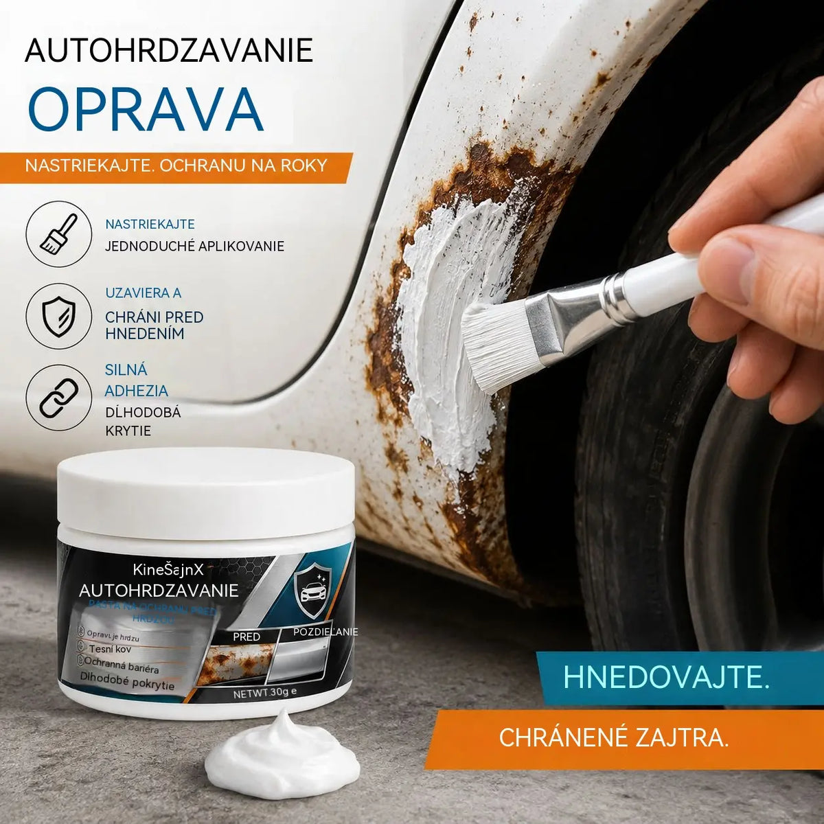 🚗 Pasta na opravu hrdze na kovových častiach auta – Antikorózny regeneračný krém a ochranná bariéra s dlhodobým účinkom pre kovové povrchy vozidiel