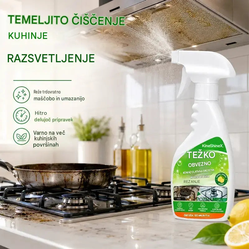 ✨ Močan razmaščevalec za kuhinjo – učinkovito odstrani zažgano maščobo, ogljikove usedline in trdovratno umazanijo s kuhalnih plošč, nap in kuhinjskih pripomočkov.