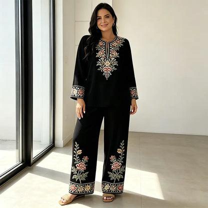 Dámsky dvojdielny ľanový letný kostým, voľná blúzka s kvetinovou potlačou a nohavice so širokými nohavicami, mäkký, priedušný a príjemný na pokožku materiál