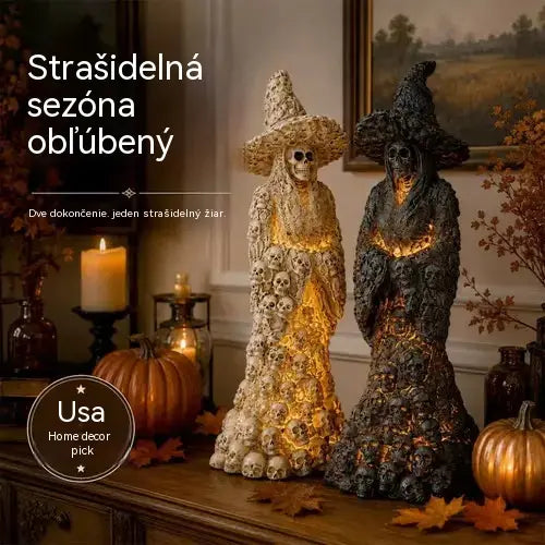 💥Ušetrite 47 %💀 LED ozdoba s lebkou a čarodejnicou, Halloweenska dekorácia na stôl so sochou lebky