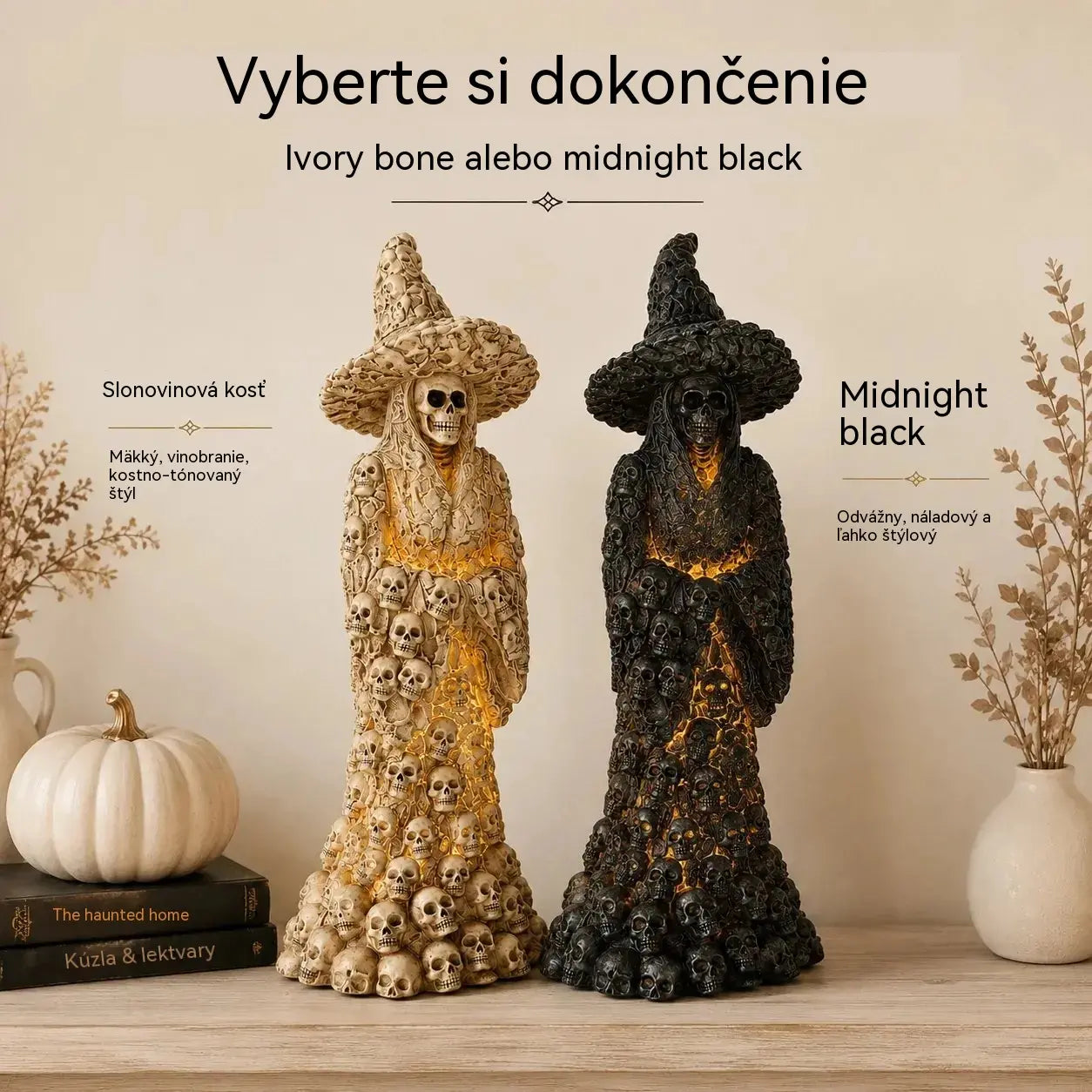 💥Ušetrite 47 %💀 LED ozdoba s lebkou a čarodejnicou, Halloweenska dekorácia na stôl so sochou lebky