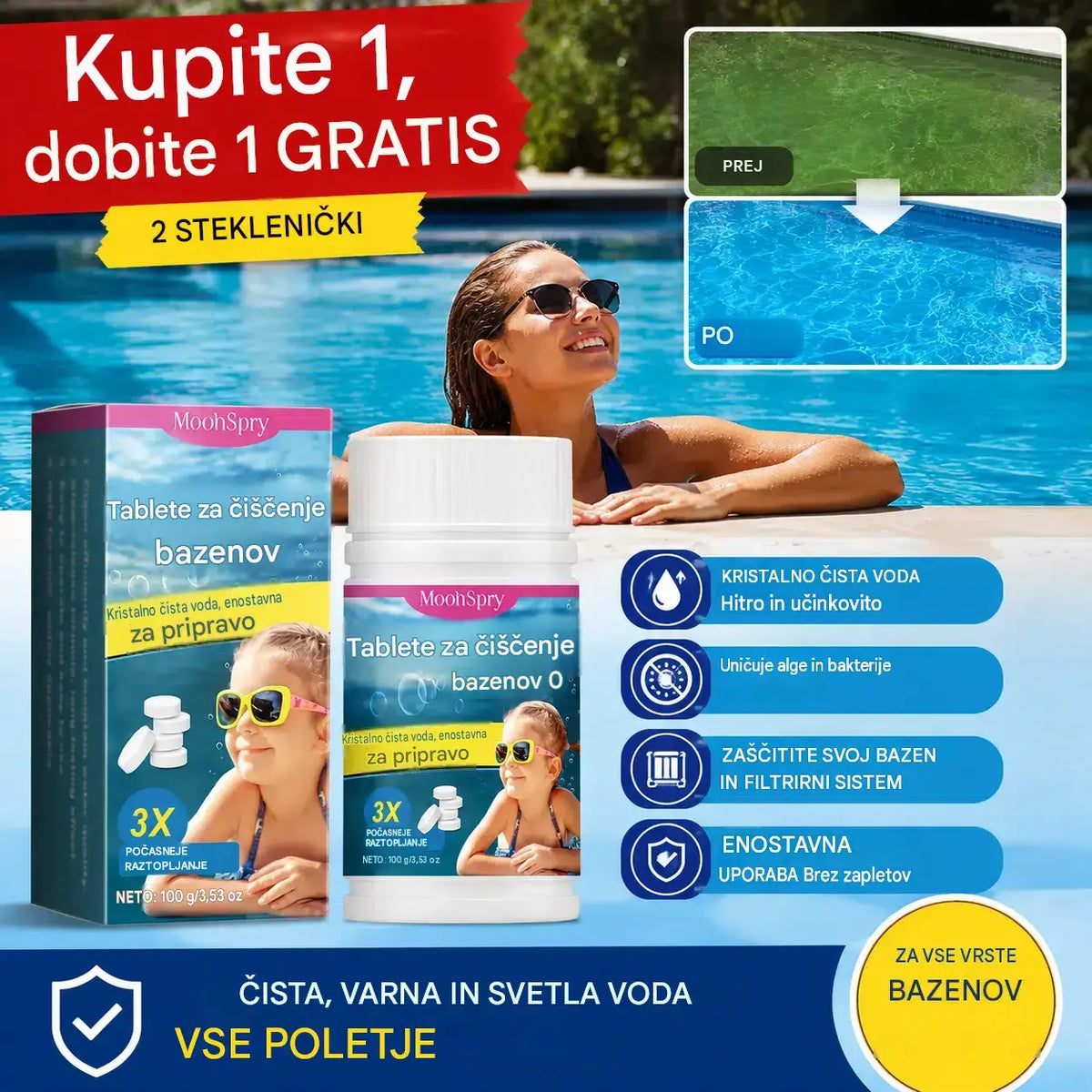 🔥Kupi 1, drugega dobiš brezplačno (2 steklenički)🏊‍Šumeče tablete za čiščenje bazena