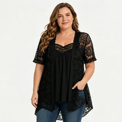 👚 Elegantné blúzky s efektom 2 v 1 s čipkou a sieťovinou – zoštíhľujúci strih proti brušku, 5 farieb, veľkosti S-4XL! 🌸✨
