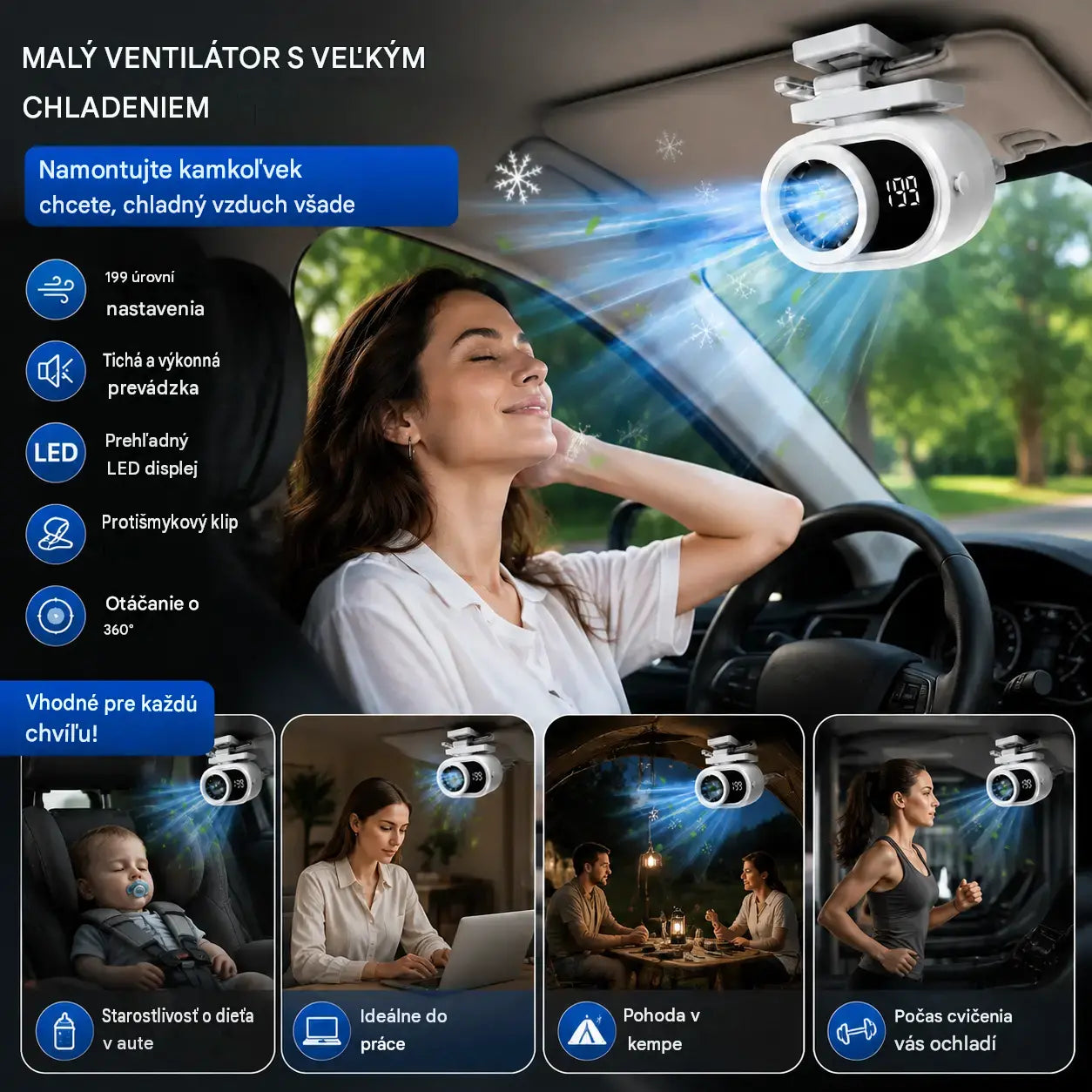 🌀 Hands-free ventilátor s LED displejom, vstavaným klipom a 199 nastaviteľnými úrovňami