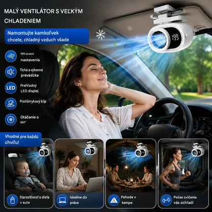 🌀 Hands-free ventilátor s LED displejom, vstavaným klipom a 199 nastaviteľnými úrovňami