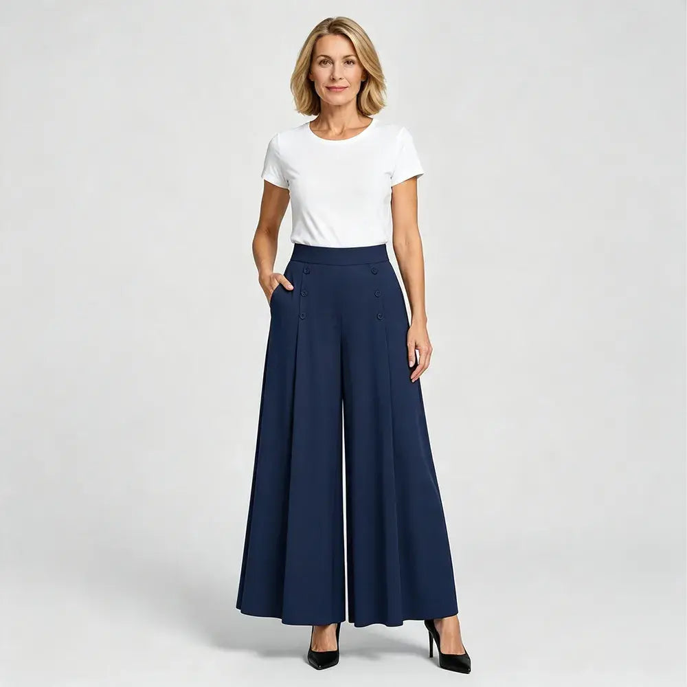 【M-5XL】Dámske elegantné skladané nohavice s vysokým pásom a širokými nohavicami