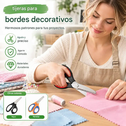 Tijeras profesionales dentadas, adecuadas para costura, manualidades y proyectos de bricolaje cotidianos.