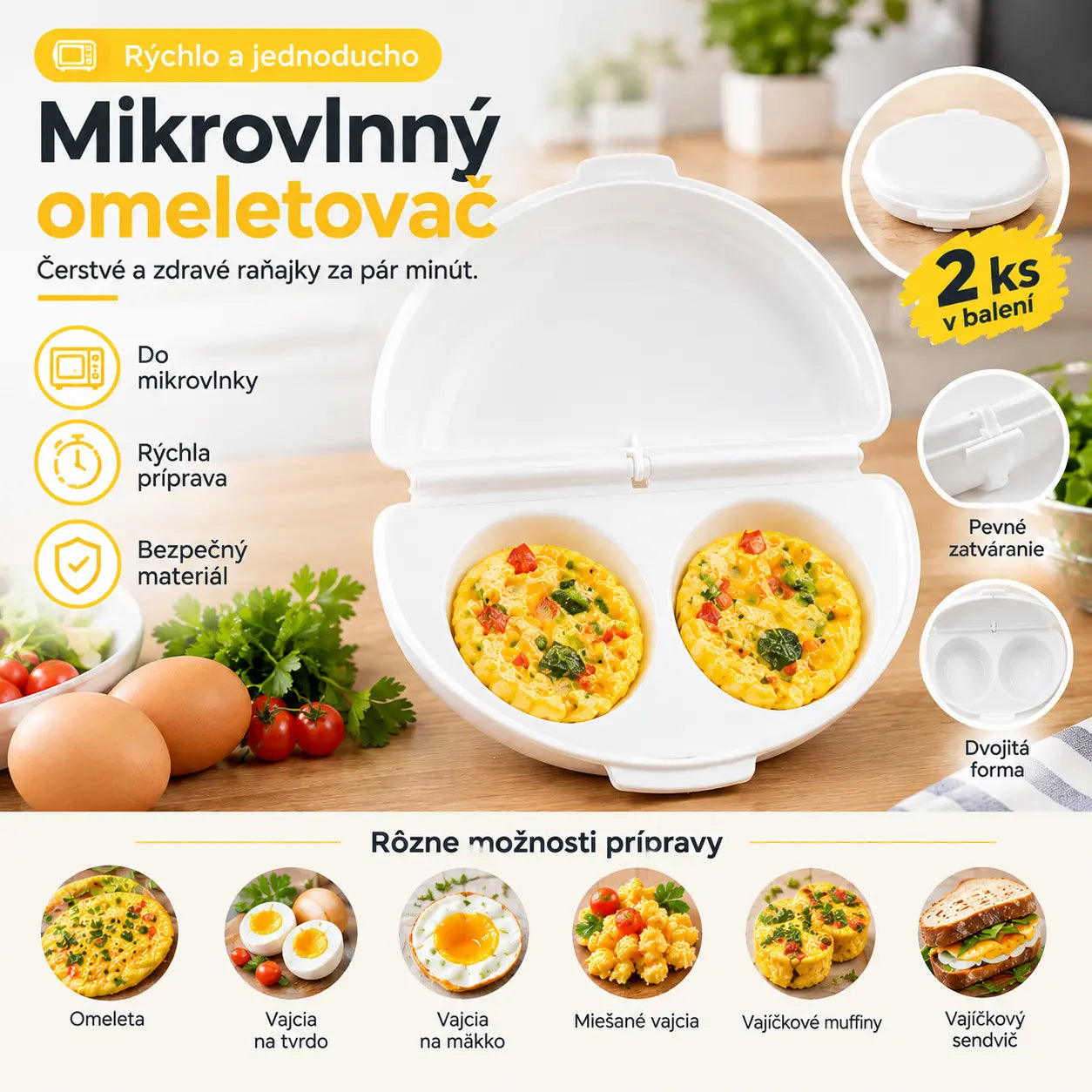 🎁Dva len za 23 €💥🍳 2 v 1 mikrovlnná fritéza na vajíčka a varič vajec