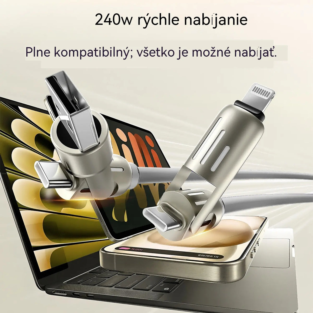 🔥 【2 kusy za 21 eur】 🔥 (dĺžka 2 metre) Kábel 4 v 1 PD 240 W – rýchle nabíjanie cez USB‑C, Lightning a USB‑A, hliník a silikón, synchronizácia dát ⚡📱