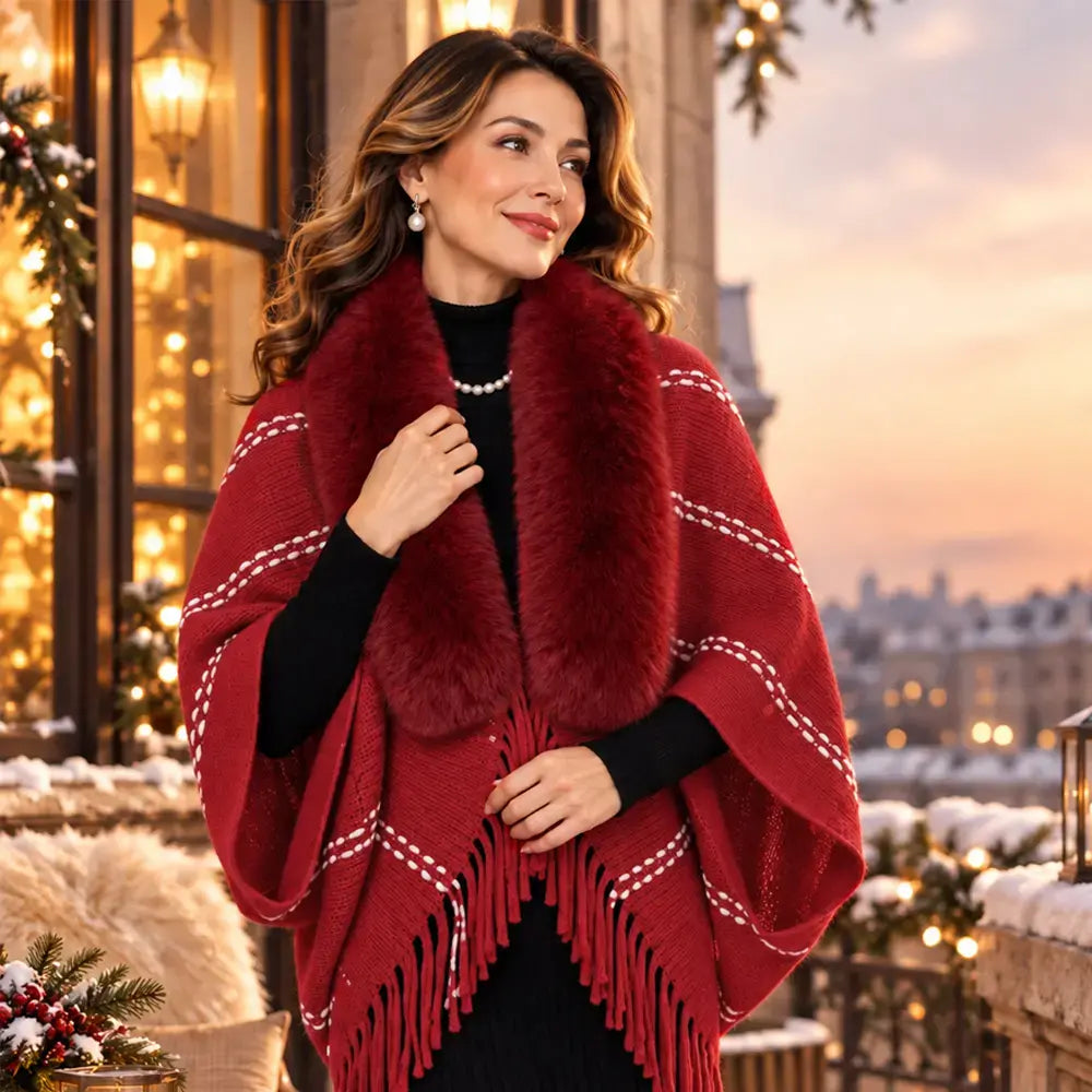 ❤️Pletené pončo s koženým golierom a strapcami 🧣 Elegantný teplý šál pre ženy na jeseň a zimu ❄️ Voľný, univerzálny sveter, ktorý zdokonaľuje postavu ✨