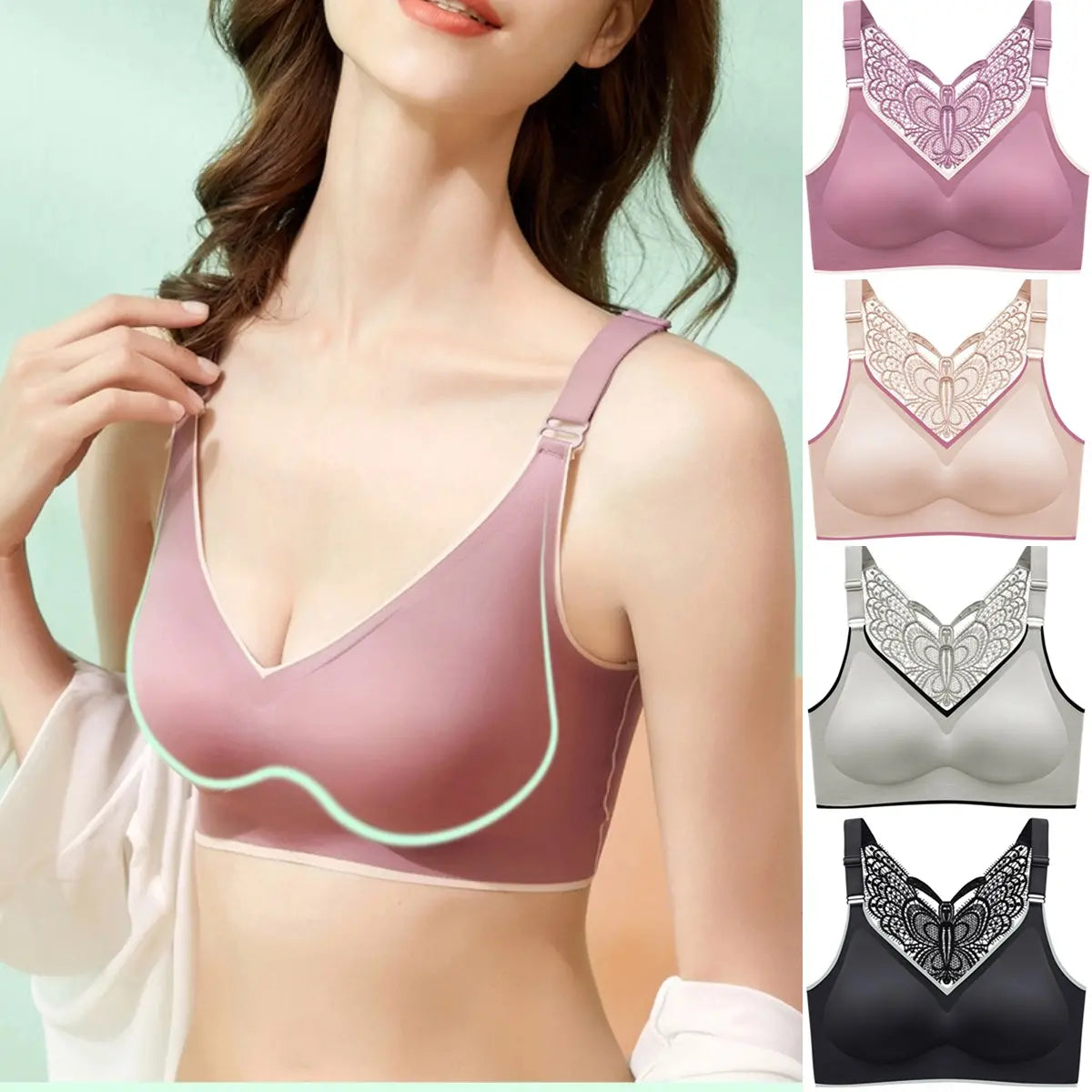 💞【4-dielna sada】🎁Podprsenka bez kostic s výšivkou a motýľmi - bez kostic, celodenná opora✨【45~125 kg】