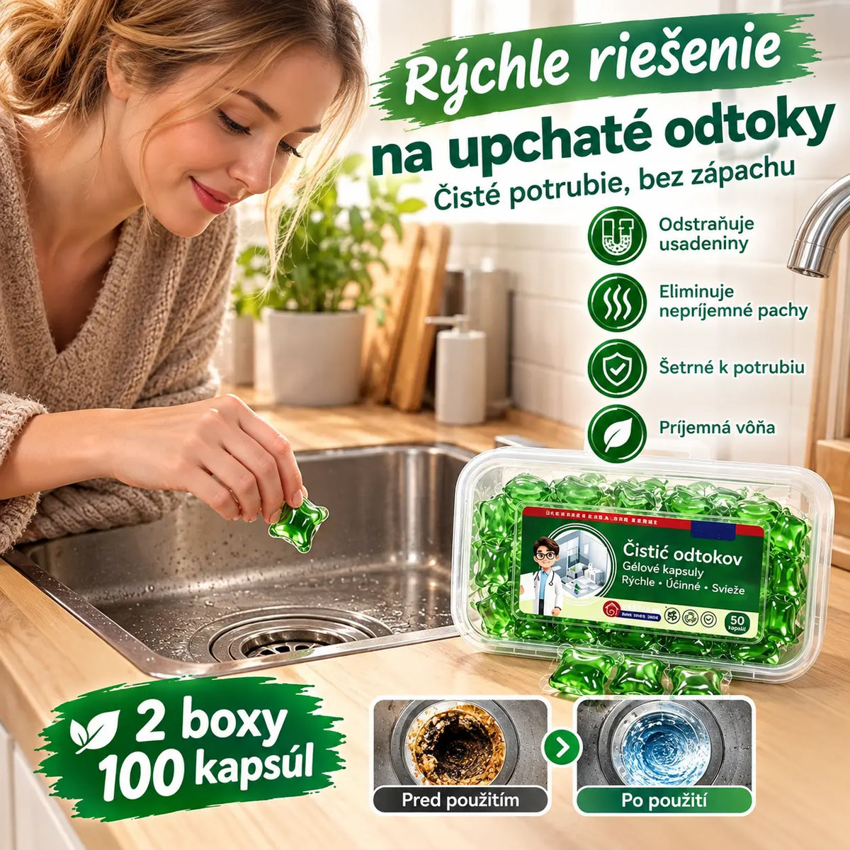 2 škatule (spolu 100 tabliet)🏠💧Deodoračné kapsuly Drain – bioenzýmové zloženie neutralizuje pachy priamo pri ich zdroji.