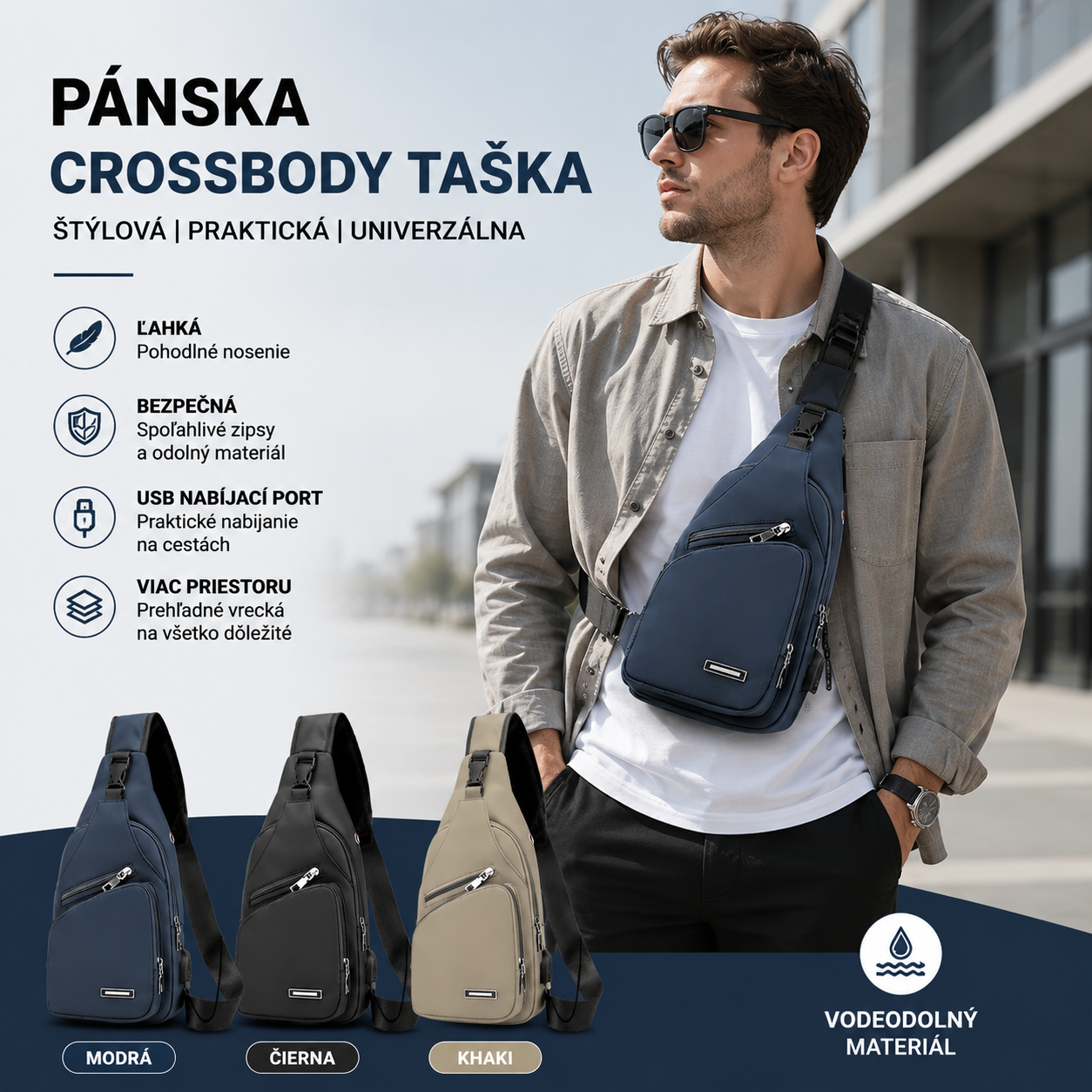 ✨Pánska crossbody kabelka, táto vodeodolná crossbody kabelka má viacero vreciek