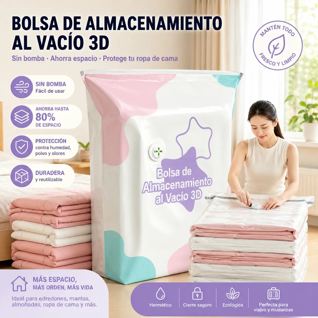 【30%OFF】🧳【Juego de 5 piezas】💨 Bolsa de almacenamiento al vacío grande y compresible: no requiere bomba, es a prueba de fugas e ideal para ahorrar espacio en maletas y en casa ✈️