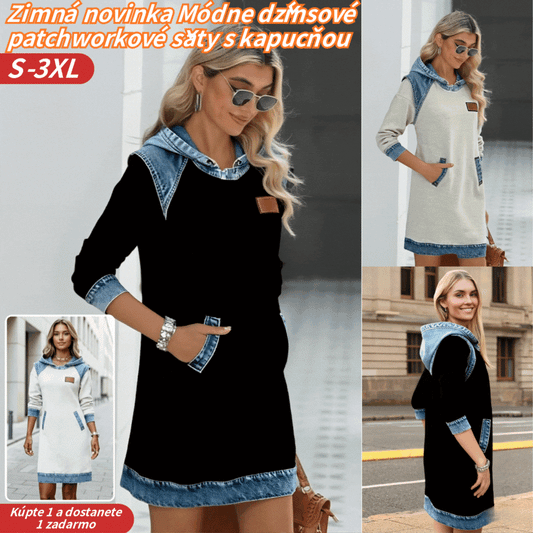 🌷🌞Zimná novinka Módne džínsové patchworkové šaty s kapucňou