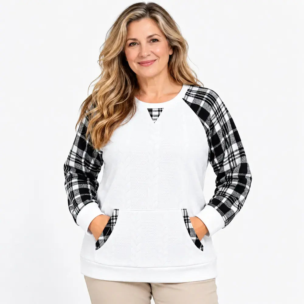 【S–2XL / 6 farieb】Jesenný/zimný kockovaný sveter - voľný sveter s dlhým rukávom, okrúhlym výstrihom a patchworkom v západnom štýle